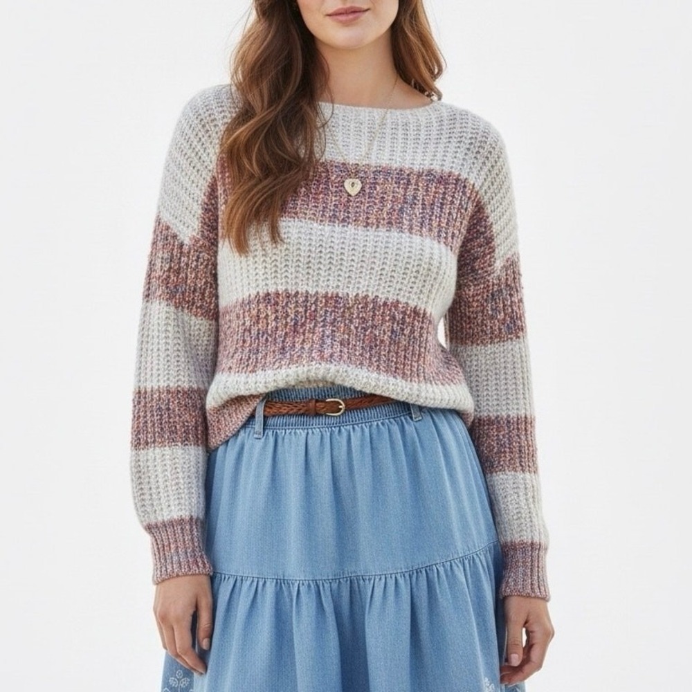 Gilli Striped Popcorn Knit Boat Neck Sweater White Multicolor Boho Size M